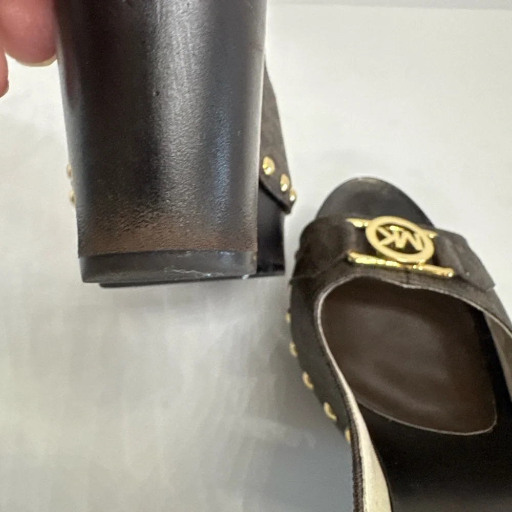 MICHAEL Michael Kors Platform Wedge Brown Monogram Gold Stud Slingback